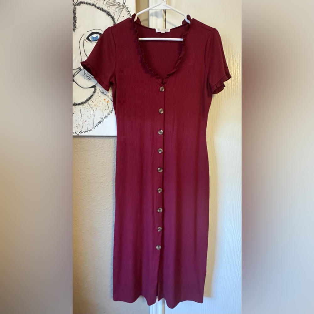 Button-Front Asymmetrical Burgundy Knit Dress
